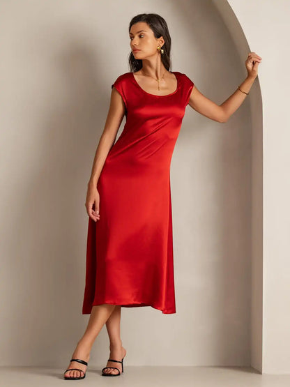 19Momme Silk Cap Sleeve Round Neck Midi Dress