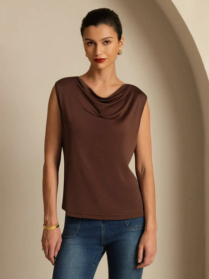 Clearance - Pure Silk  Women's Sleeveless Cowl Neck Basic Casual Top