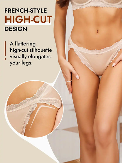 100% Mulberry Silk Lace Trim Bikini Panty with Bow Design
