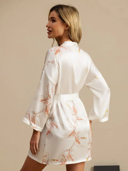 19Momme Women's 100% Mulberry Silk Crane Print 3/4 Sleeve Short Kimono Robe