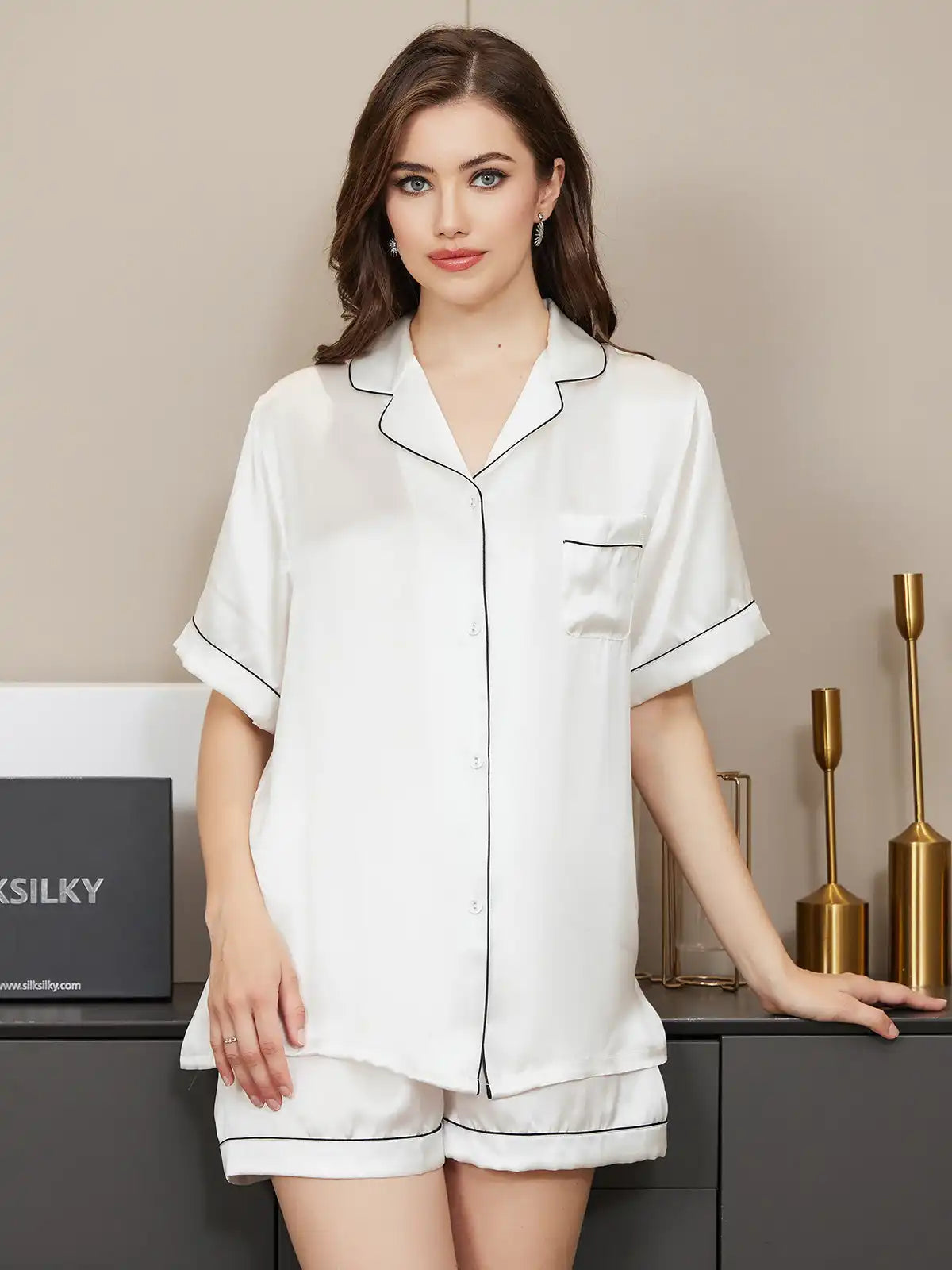 100% Mulberry Silk Short Sleeve Notch Collar Above the Knee Women's Pajamas Set