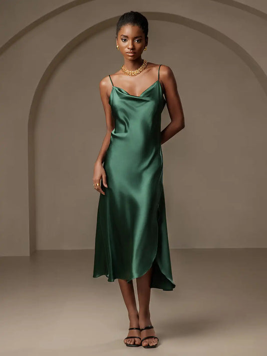 100% Mulberry Silk Spaghetti Strap Cowl Neck Bias Midi Dress with Split Design