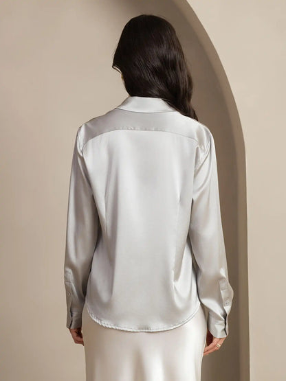 19Momme Silk Long Sleeve Lapel Collar Women's Shirt with Button Up Design