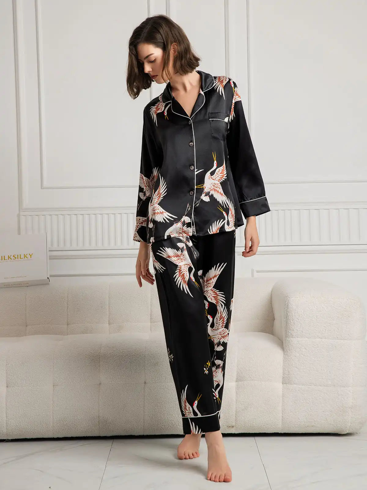 19Momme 100% Mulberry Silk Crane Print Women's Long Sleeve Notch Collar Pajamas Set