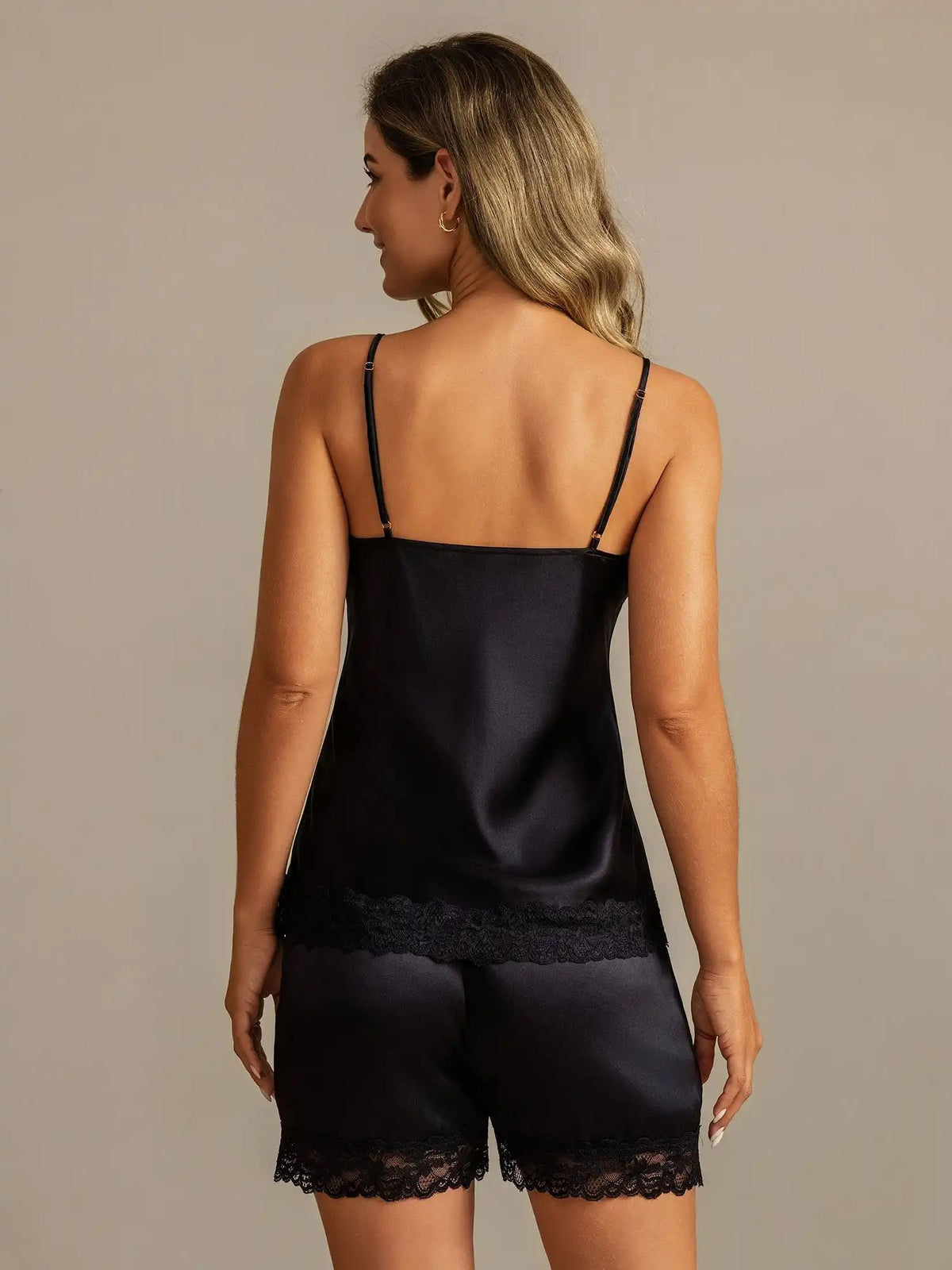 100% Mulberry Silk Lace Trim Spaghetti Strap V Neck Sexy Camisole Set