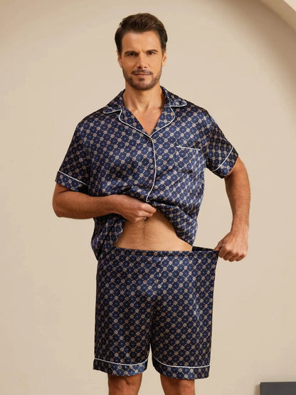 100% Mulberry Silk Short Sleeve Notch Collar Men's Chain Print Pajamas Set with Shorts