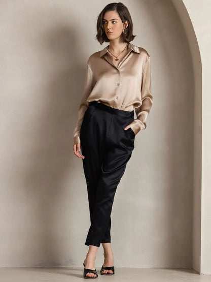 19Momme Silk Long Sleeve Lapel Collar Women's Shirt