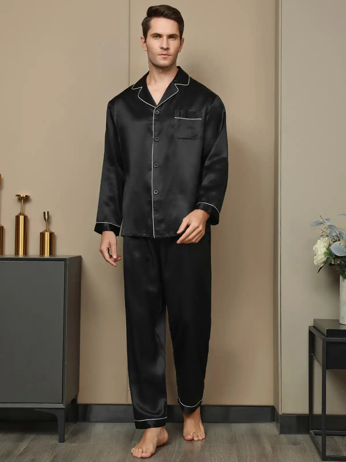100% Mulberry Silk Long Sleeve Notch Collar Men's Pajamas Set with Button Up Design