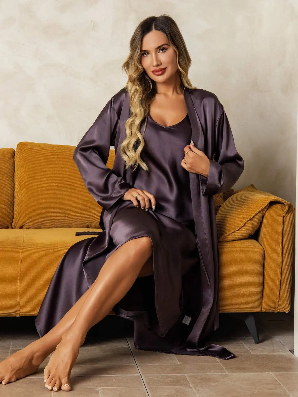 100% Mulberry Silk V-Neck Midi Nightgown & Robe Set 2Pcs