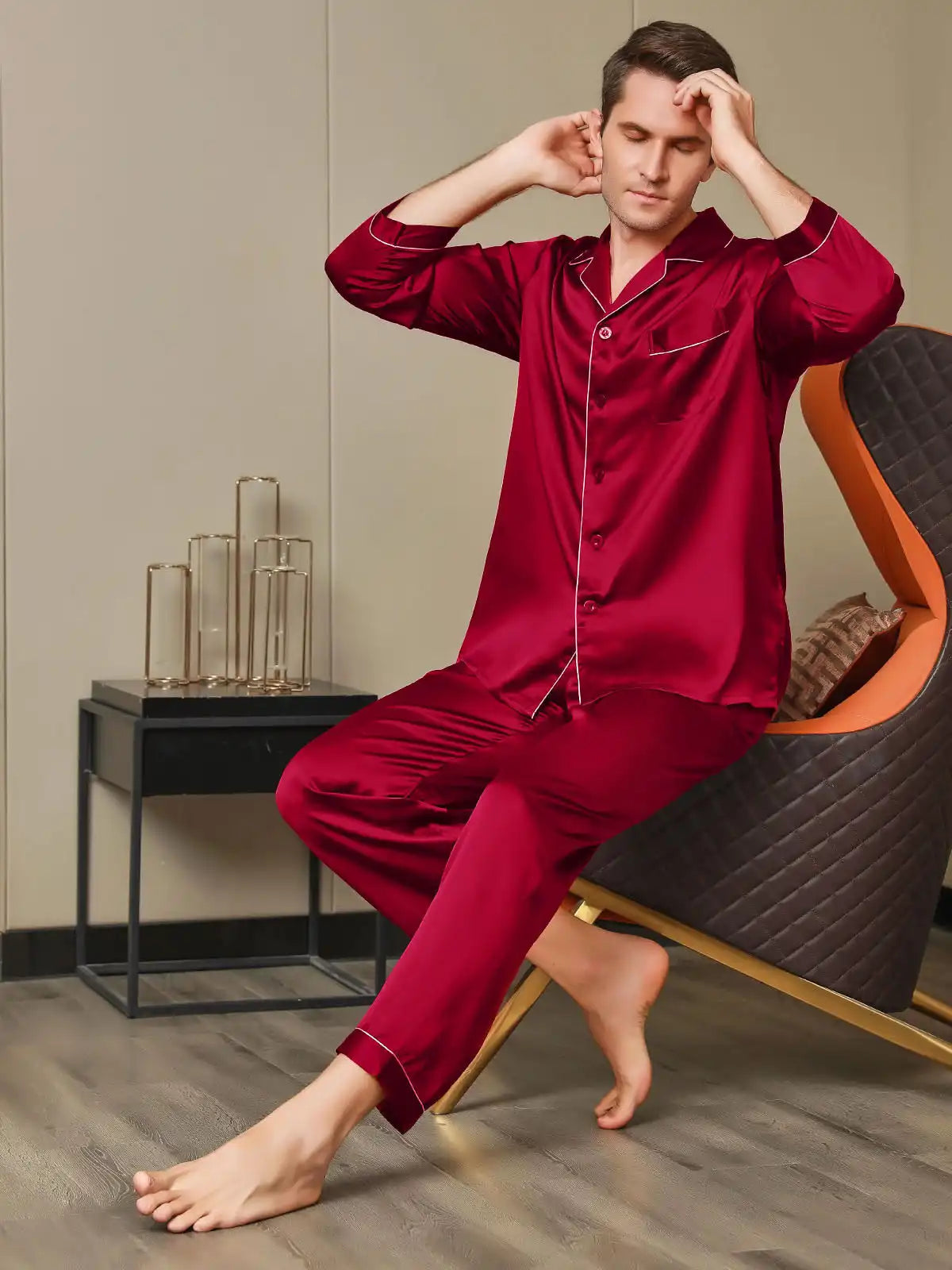 100% Mulberry Silk Long Sleeve Notch Collar Men's Pajamas Set with Button Up Design