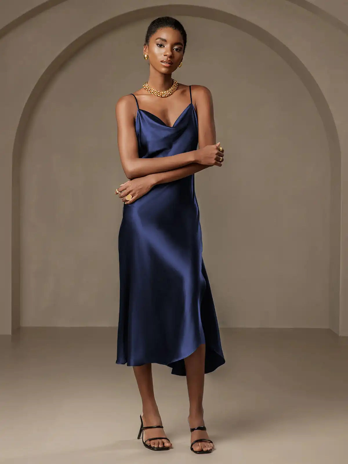 100% Mulberry Silk Spaghetti Strap Cowl Neck Bias Midi Dress with Split Design