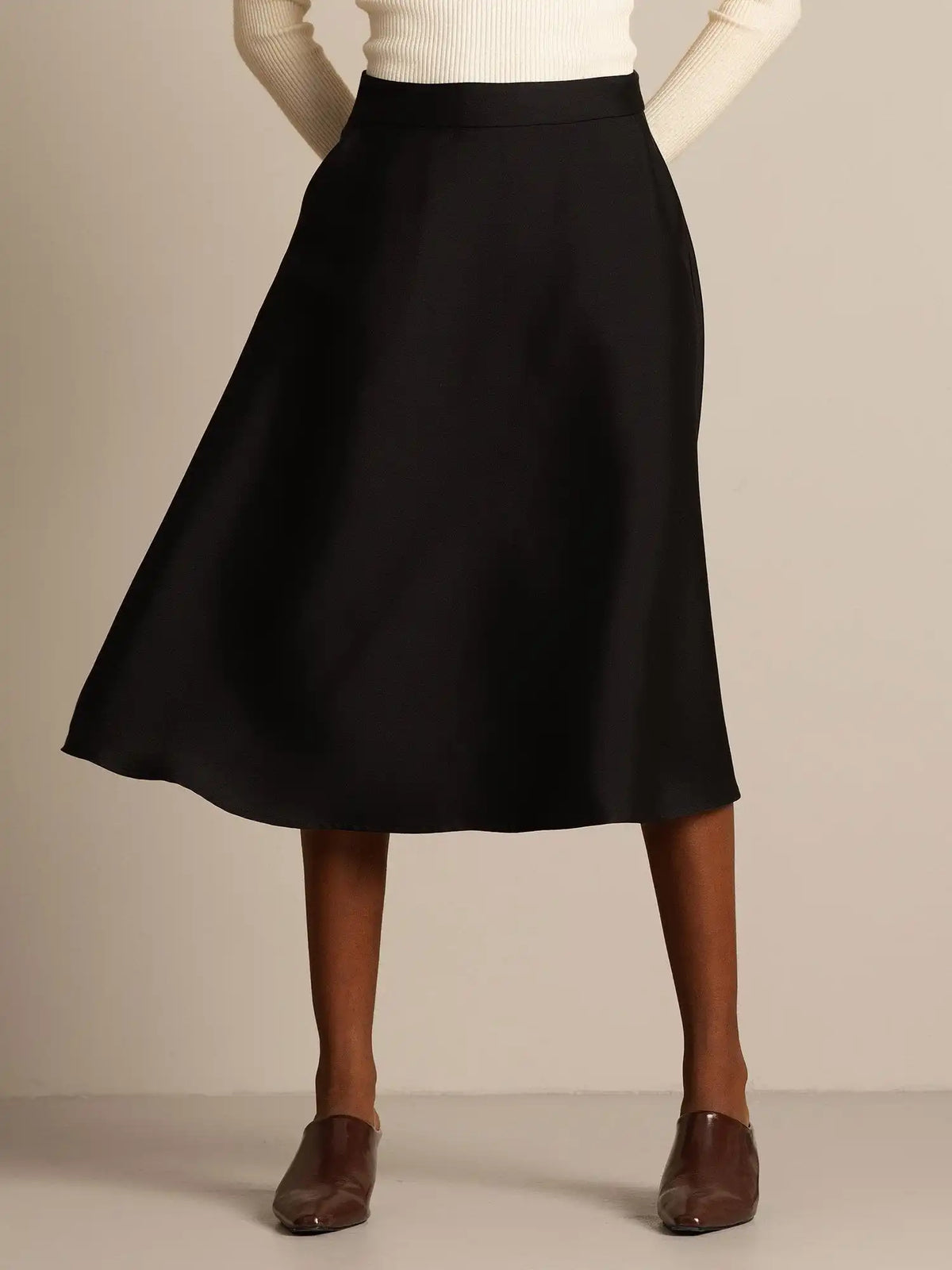 32Momme Silk-Wool Blend  A Line Midi Skirt with Zipper Deign