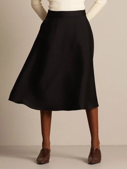32Momme Silk-Wool Blend  A Line Midi Skirt with Zipper Deign