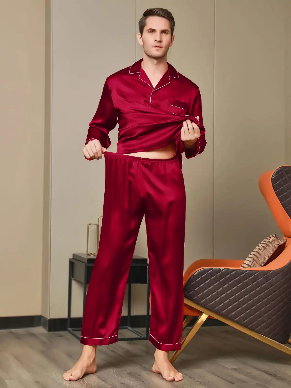 100% Mulberry Silk Long Sleeve Notch Collar Men's Pajamas Set with Button Up Design