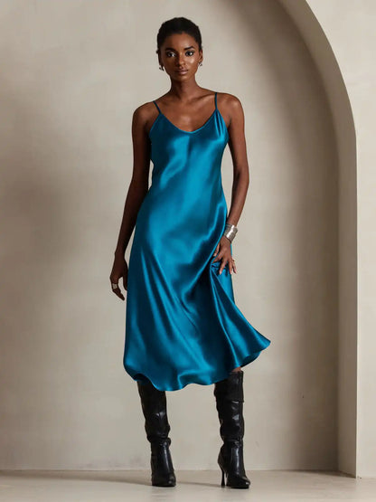 100% Mulberry Silk Spaghetti Strap Midi Long Dress
