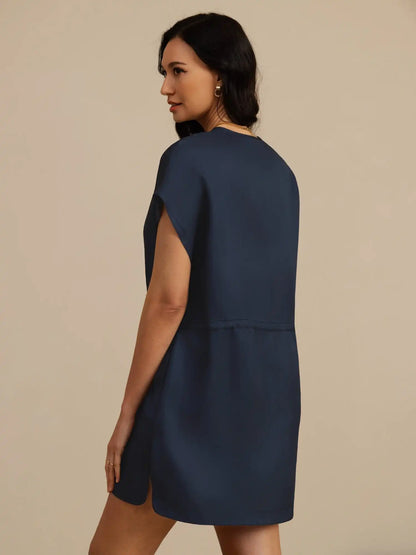 Clearance - 100% Mulberry Silk Henley Neck Cap Sleeve Short Dress With Drawstring