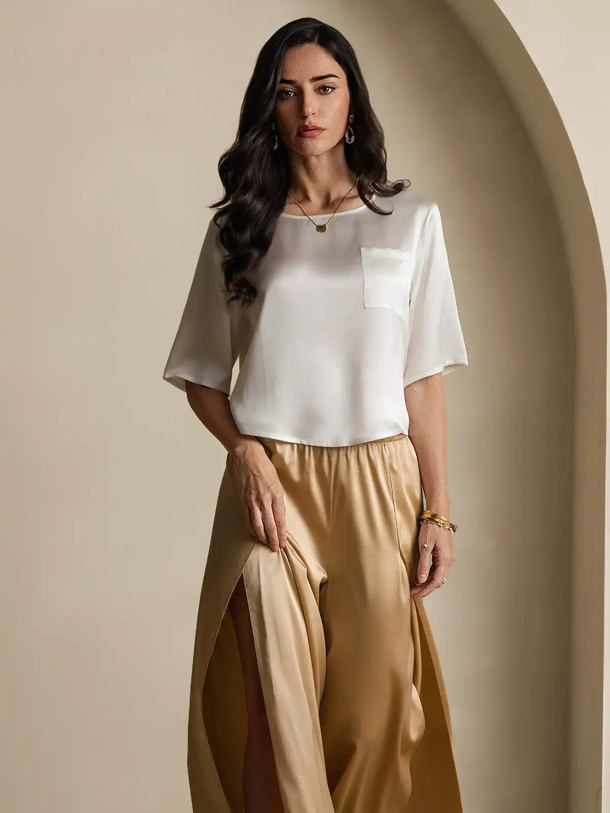 100% Mulberry Silk Women's Blouse Short Sleeve Boxy Crop Top