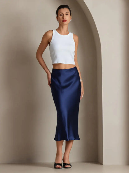 100% Mulberry Silk Stretch Long Straight Skirt