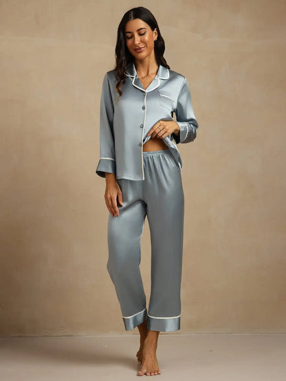 100% Mulberry Silk Classic Long Sleeve Pajama Set with Contrast Piping