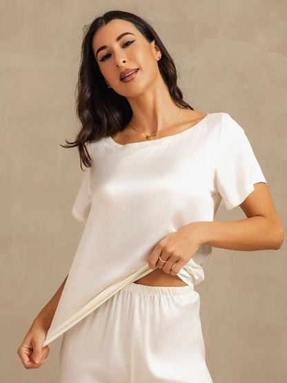 Clearance - 19Momme Women's Washable Silk Short Sleeve Scoop Neck Pajamas Set