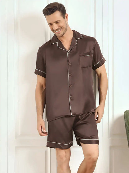 Clearance - 100% Mulberry Silk Short Sleeve Notch Collar Men's Pajamas Set with Shorts
