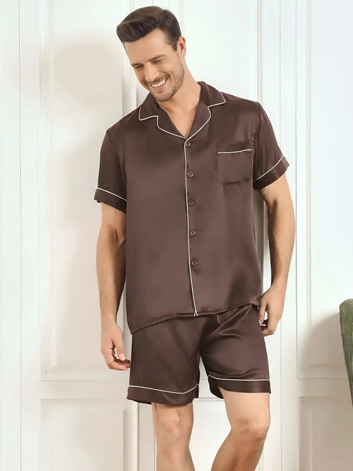 Clearance - 100% Mulberry Silk Short Sleeve Notch Collar Men's Pajamas Set with Shorts