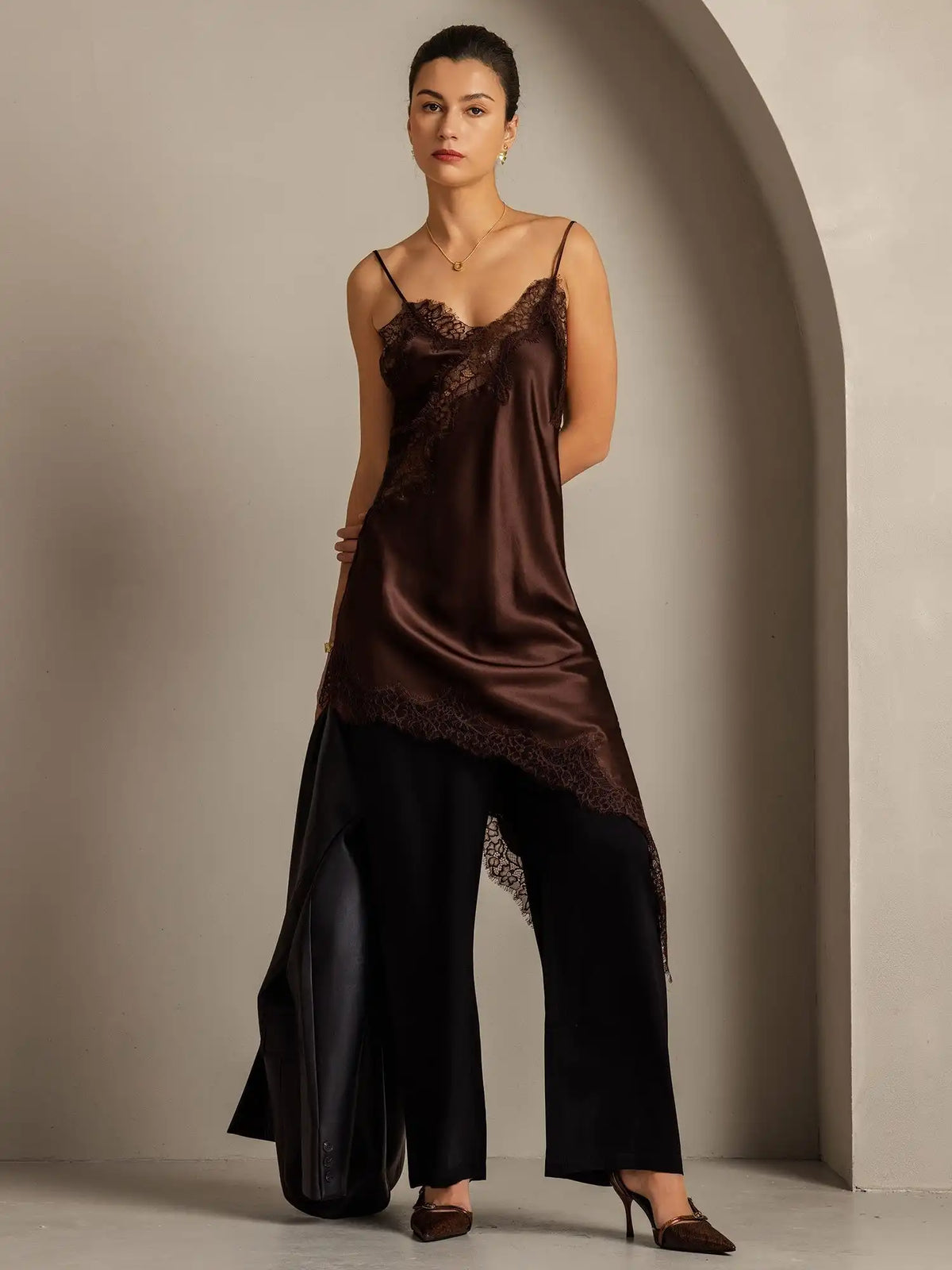 100% Mulberry Silk V Neck Asymmetrical Hem Slip Short Dress with Lace Design
