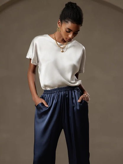 19Momme Silk Short Sleeve Boat Neck Cuffed Sleeve Women's T-Shirt
