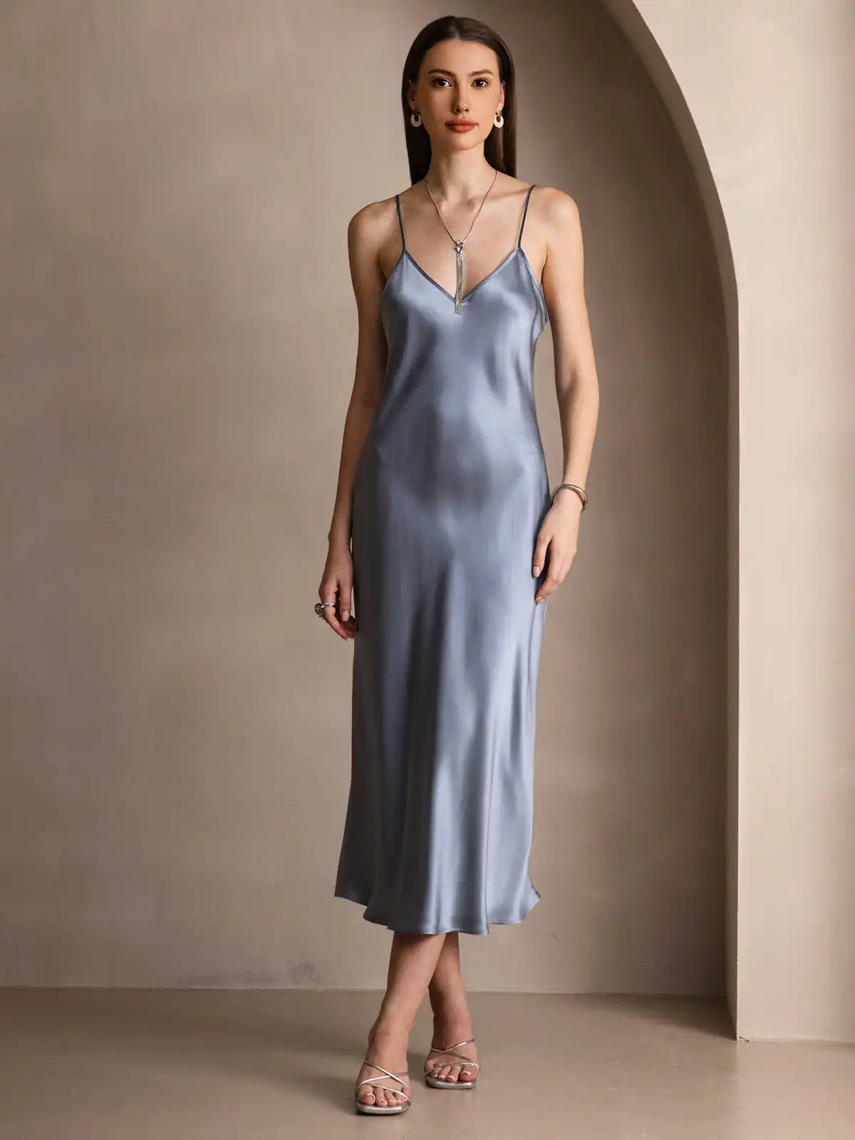 100% Mulberry Silk Spaghetti Strap Midi Long Dress
