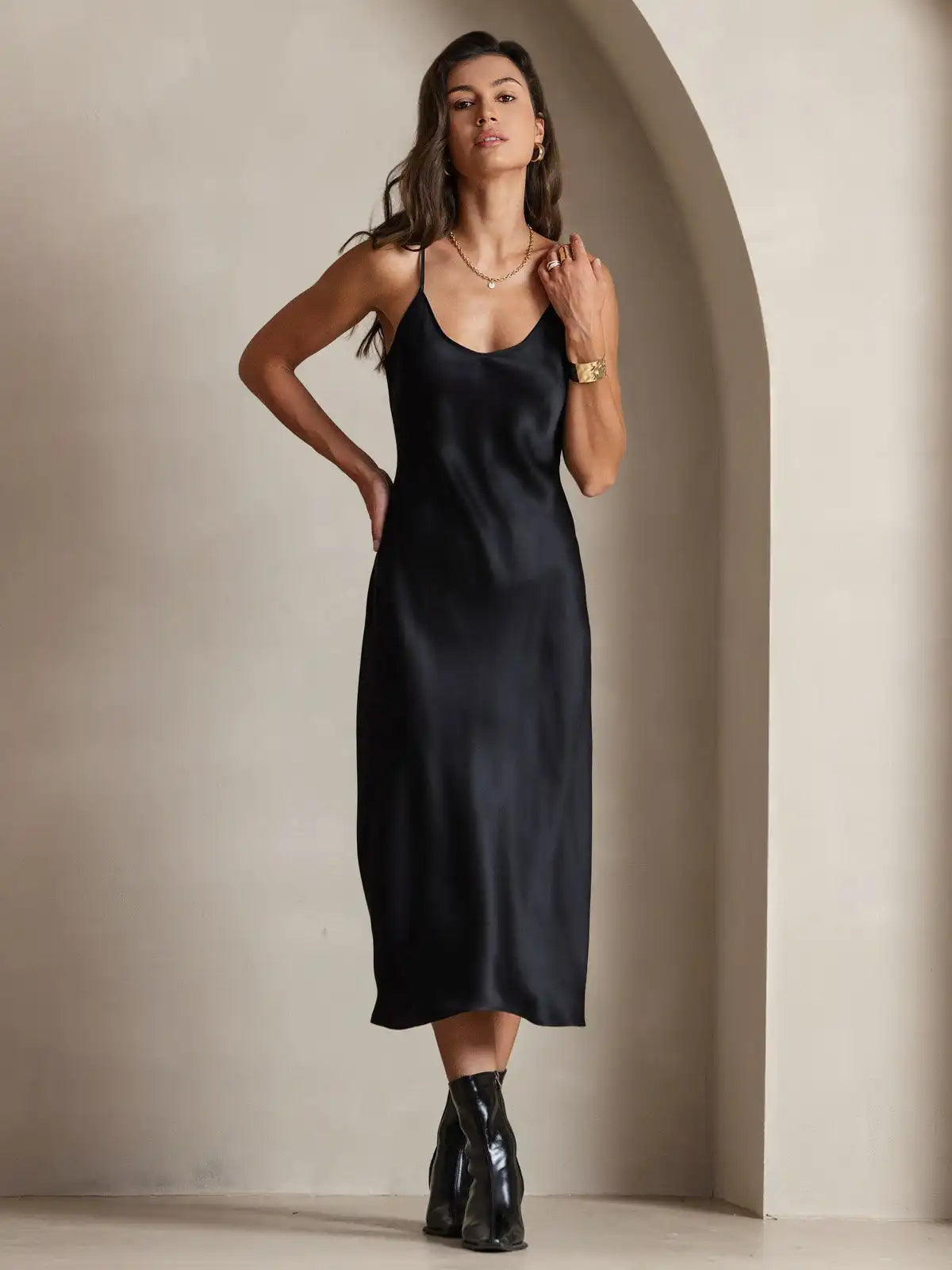 100% Mulberry Silk Spaghetti Strap Midi Long Dress
