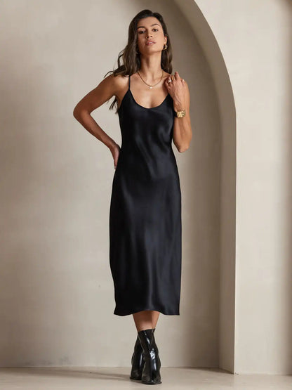 100% Mulberry Silk Spaghetti Strap Midi Long Dress