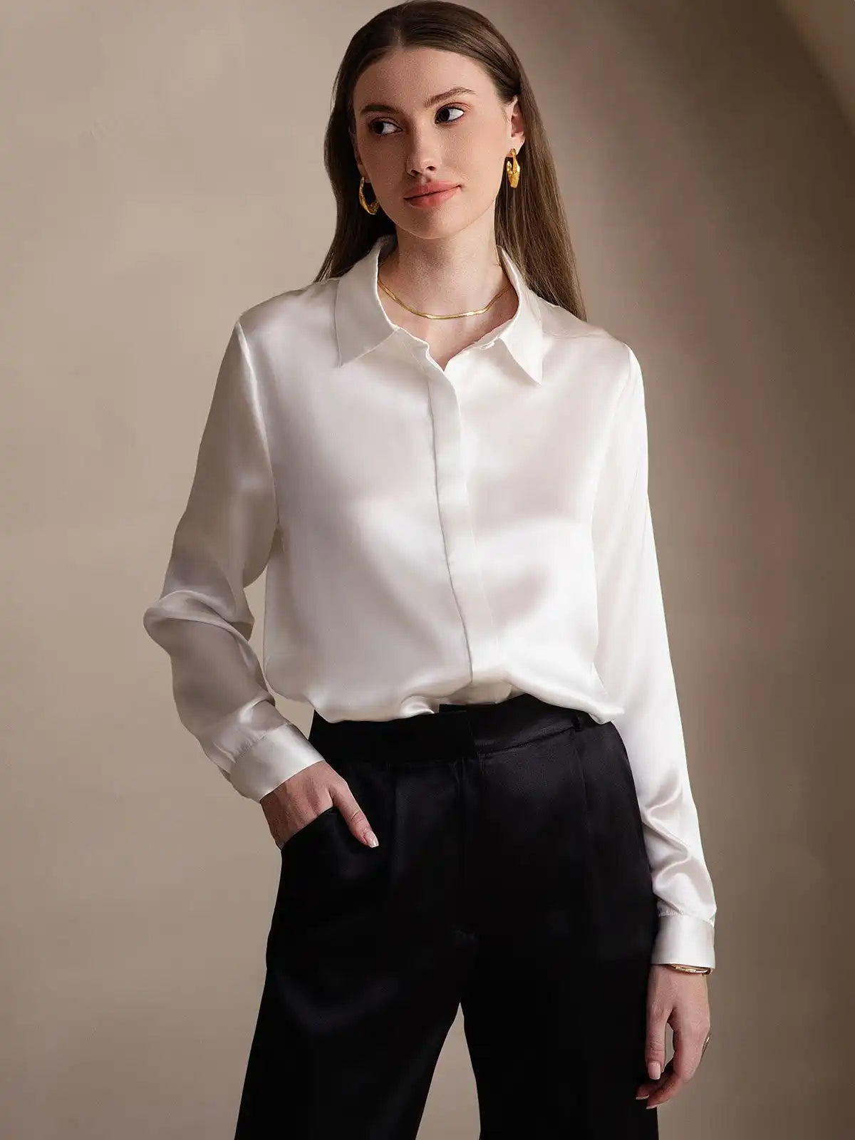 19Momme Silk Long Sleeve Lapel Collar Women's Shirt