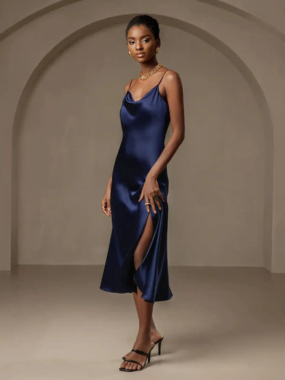 100% Mulberry Silk Spaghetti Strap Cowl Neck Bias Midi Dress with Split Design