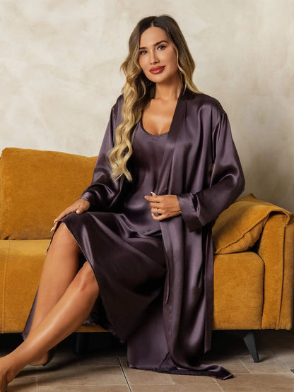100% Mulberry Silk V-Neck Midi Nightgown & Robe Set 2Pcs