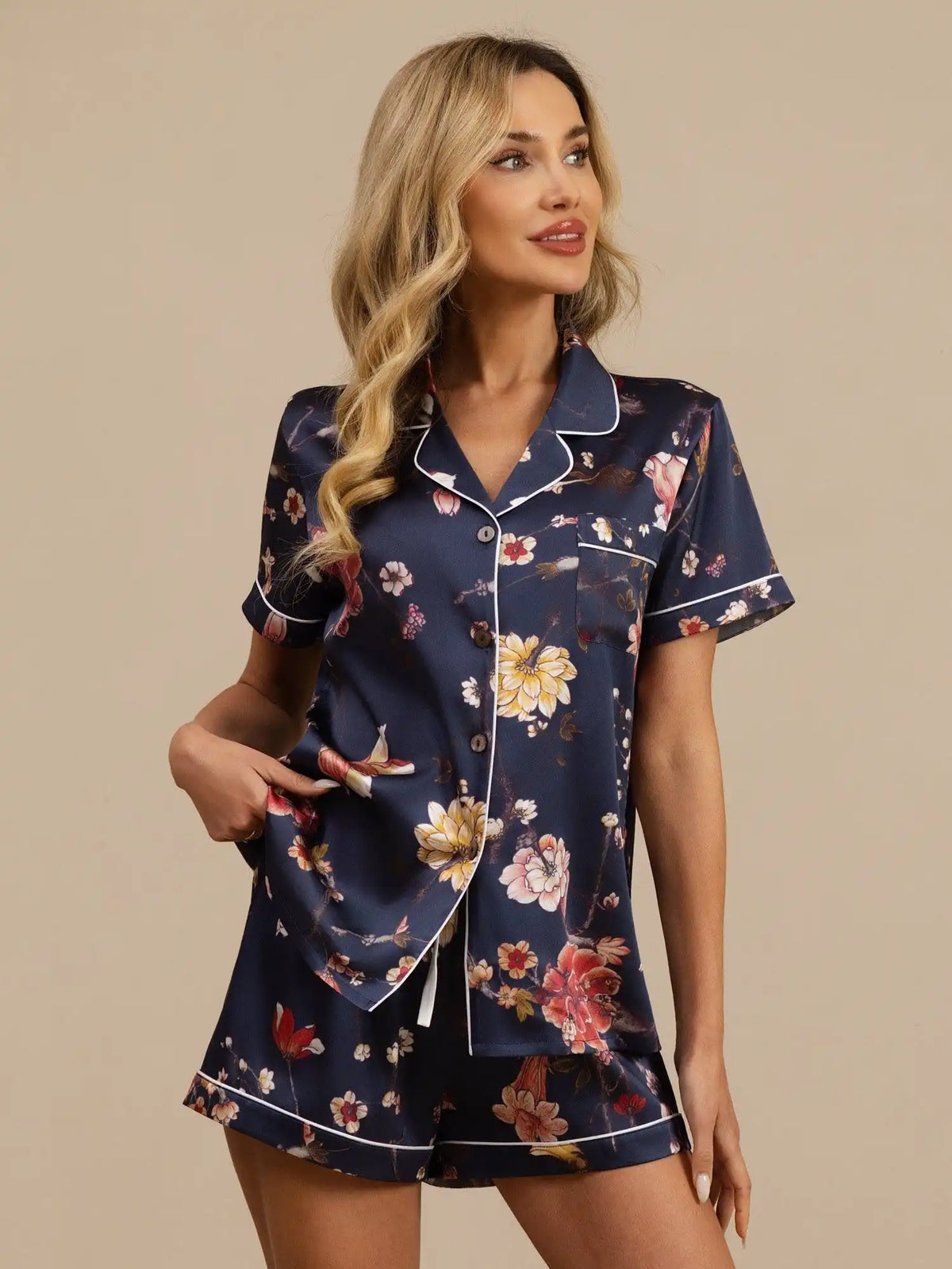 19Momme Silk Women's Navy Floral Print Short Sleeve Lapel Collar Button Up Pajamas Set