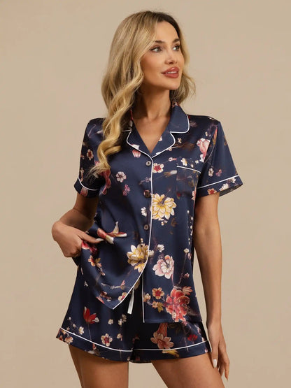 19Momme Silk Women's Navy Floral Print Short Sleeve Lapel Collar Button Up Pajamas Set