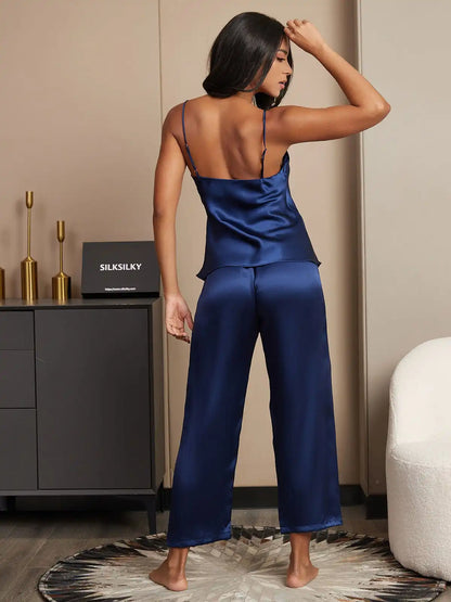 100% Mulberry Silk Spaghetti Strap V Neck Cami & Pants Pajama Set