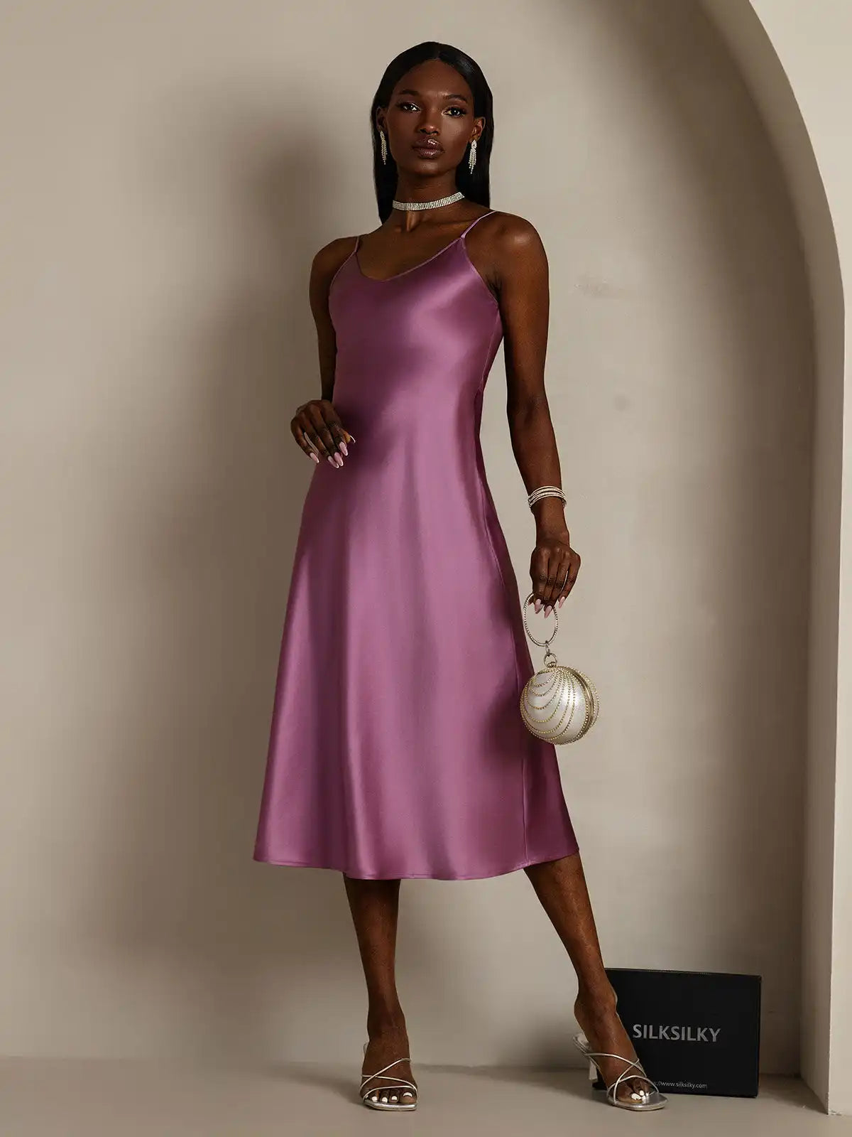 100% Mulberry Silk Spaghetti Strap Midi Long Dress