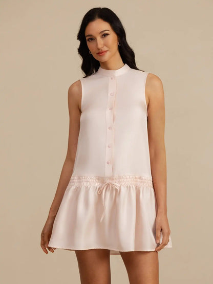 Clearance - Pure Silk Sleeveless Short Dress With Adjustable Drawstring Drop Waist