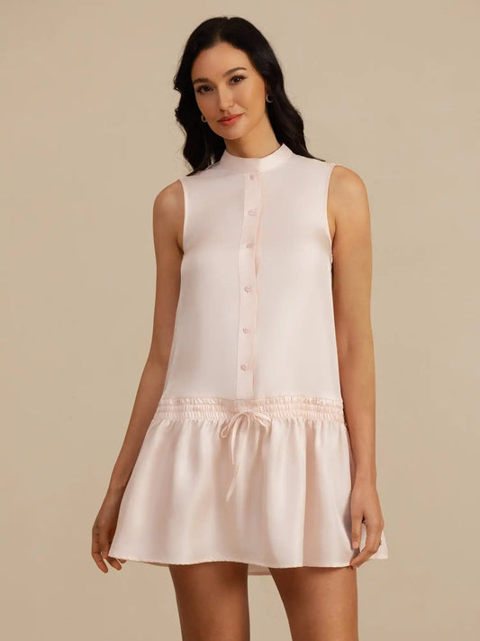 Clearance - Pure Silk Sleeveless Short Dress With Adjustable Drawstring Drop Waist