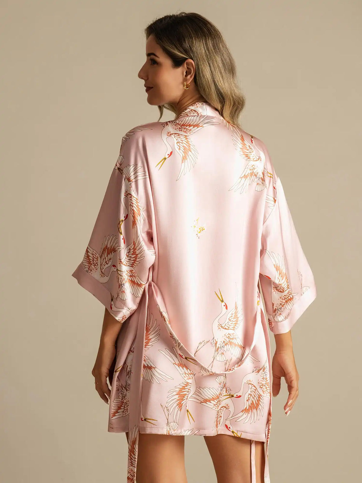19Momme Women's 100% Mulberry Silk Crane Print 3/4 Sleeve Short Kimono Robe