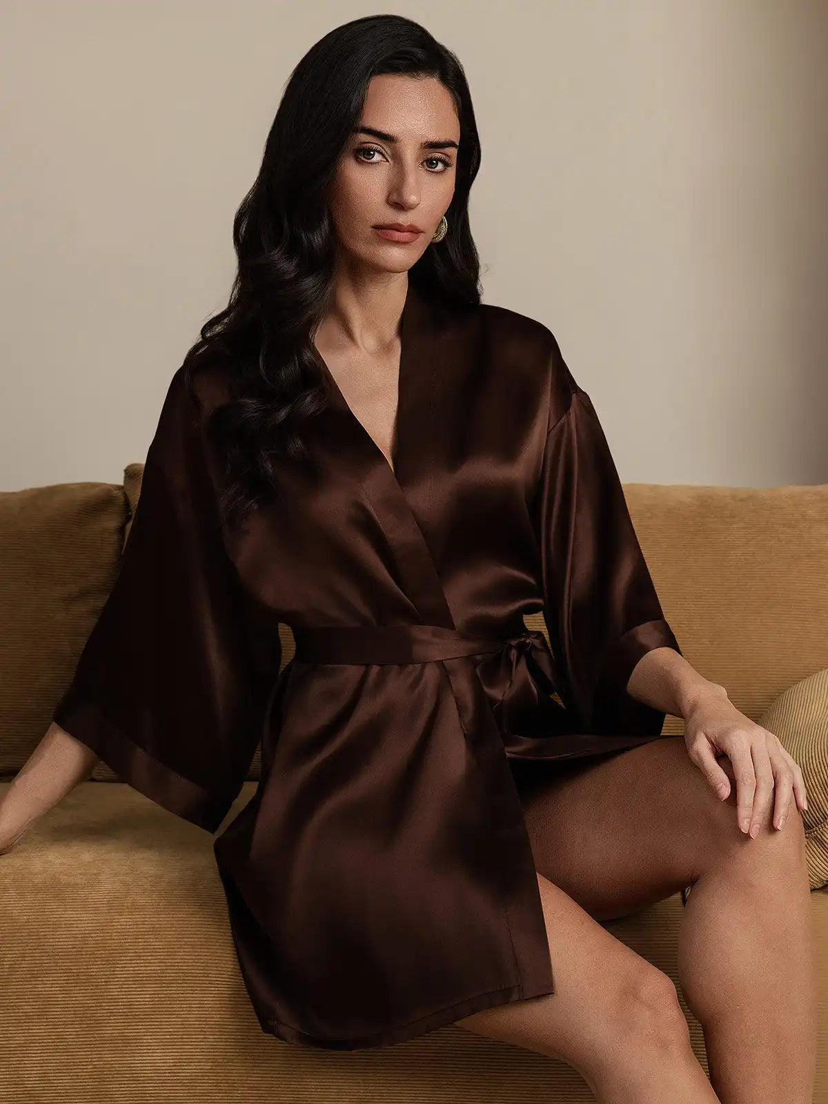 100% Mulberry Silk Short Women's Kimono Robe with Wrap Design