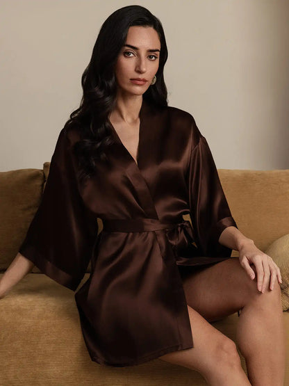 100% Mulberry Silk Short Women's Kimono Robe with Wrap Design