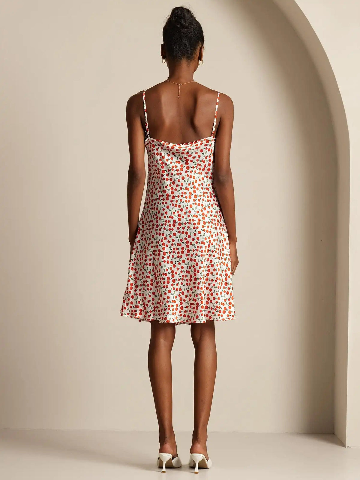 Silk Spaghetti Strap Cherry Print Short Dress