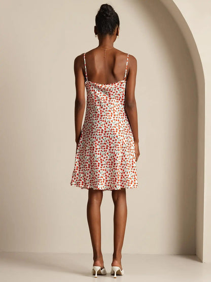 Silk Spaghetti Strap Cherry Print Short Dress