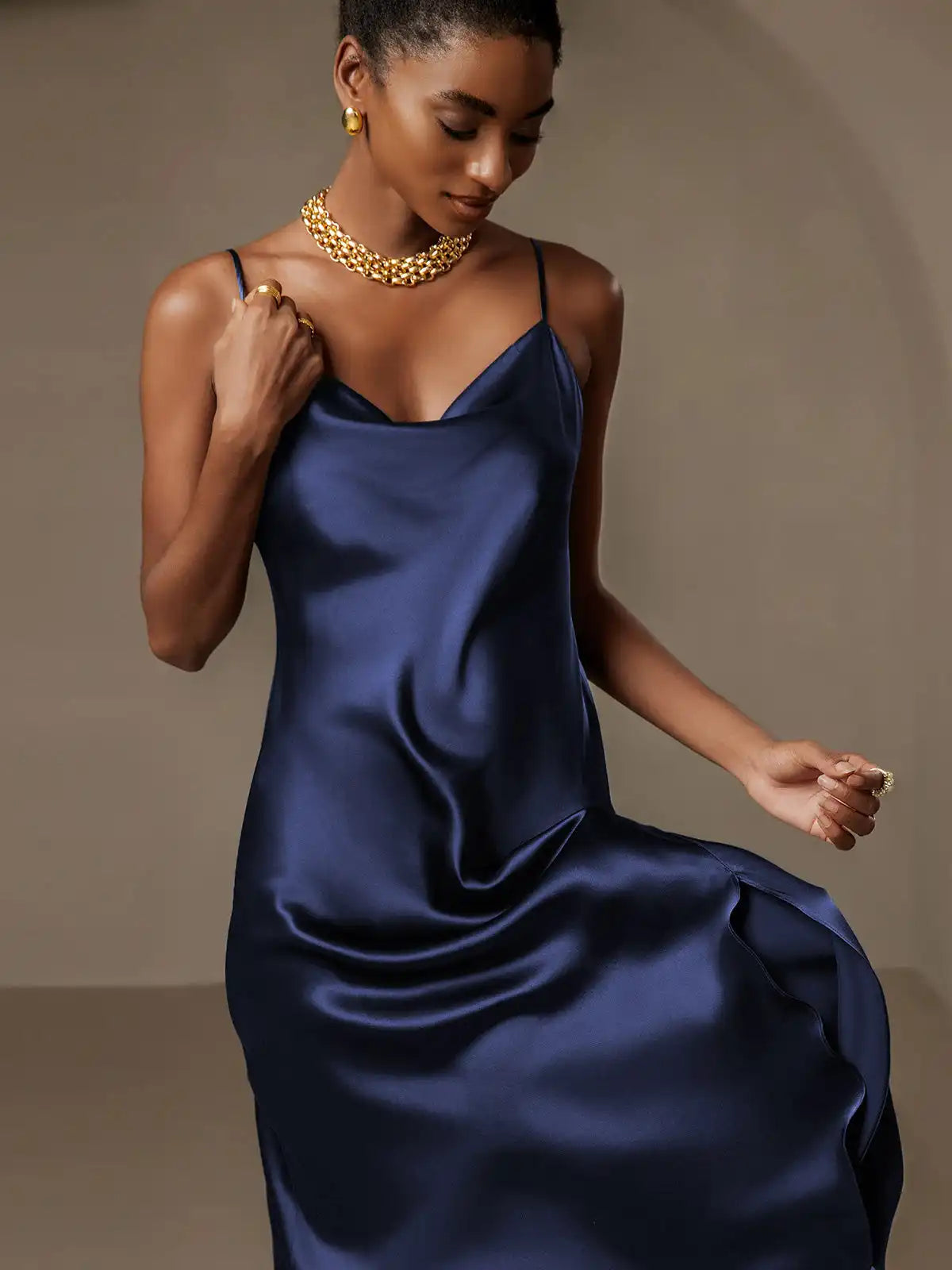 100% Mulberry Silk Spaghetti Strap Cowl Neck Bias Midi Dress with Split Design