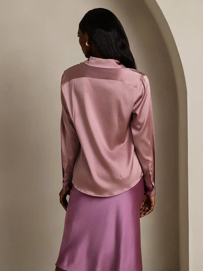 19Momme Silk Long Sleeve Lapel Collar Women's Shirt with Button Up Design