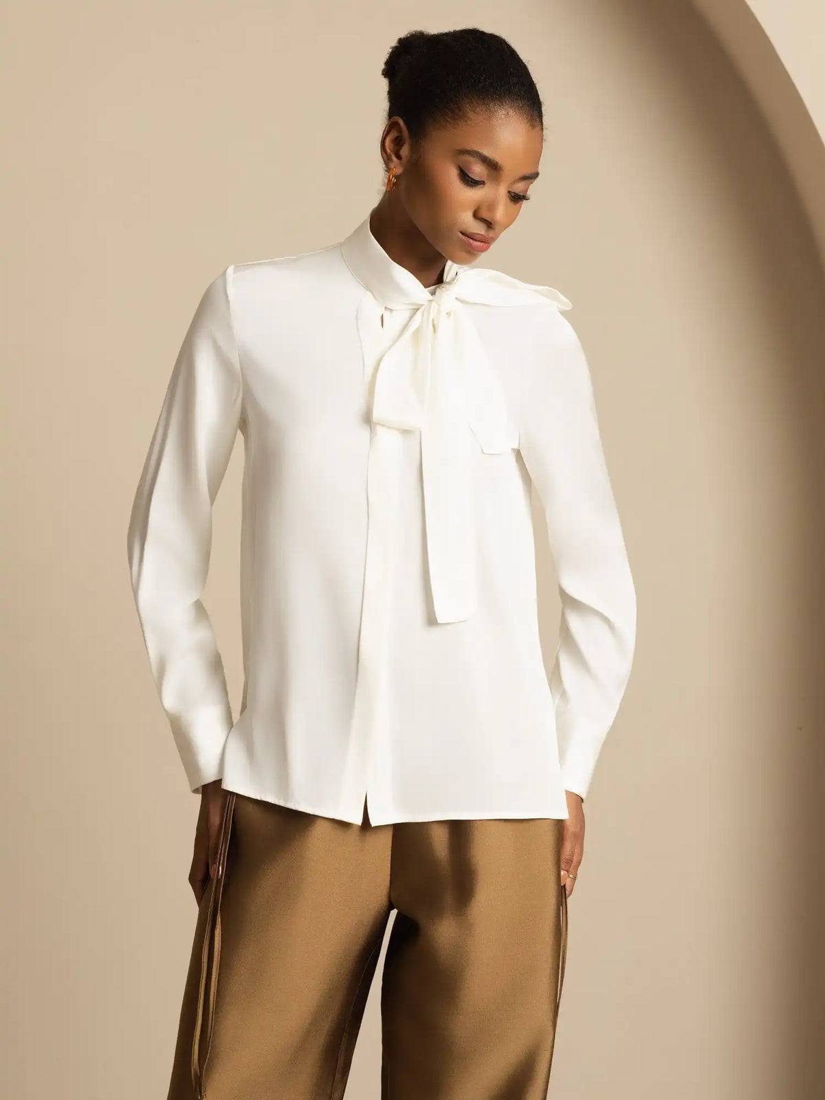 19Momme Silk Women's Tie Neck Long Sleeve Blouse