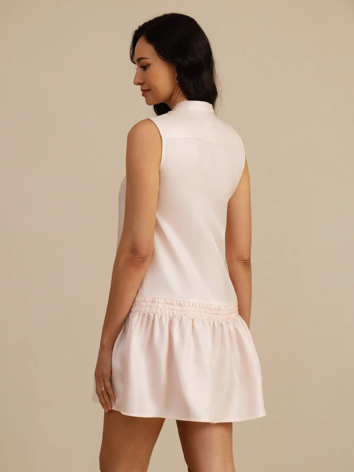 Clearance - Pure Silk Sleeveless Short Dress With Adjustable Drawstring Drop Waist