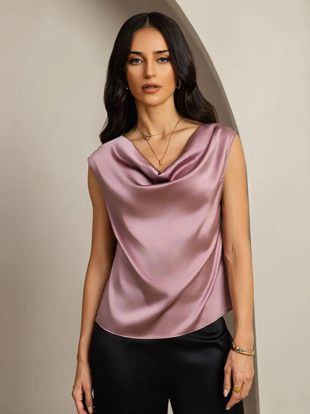 19Momme Women's Silk Cap Sleeve Cowl Neck Top